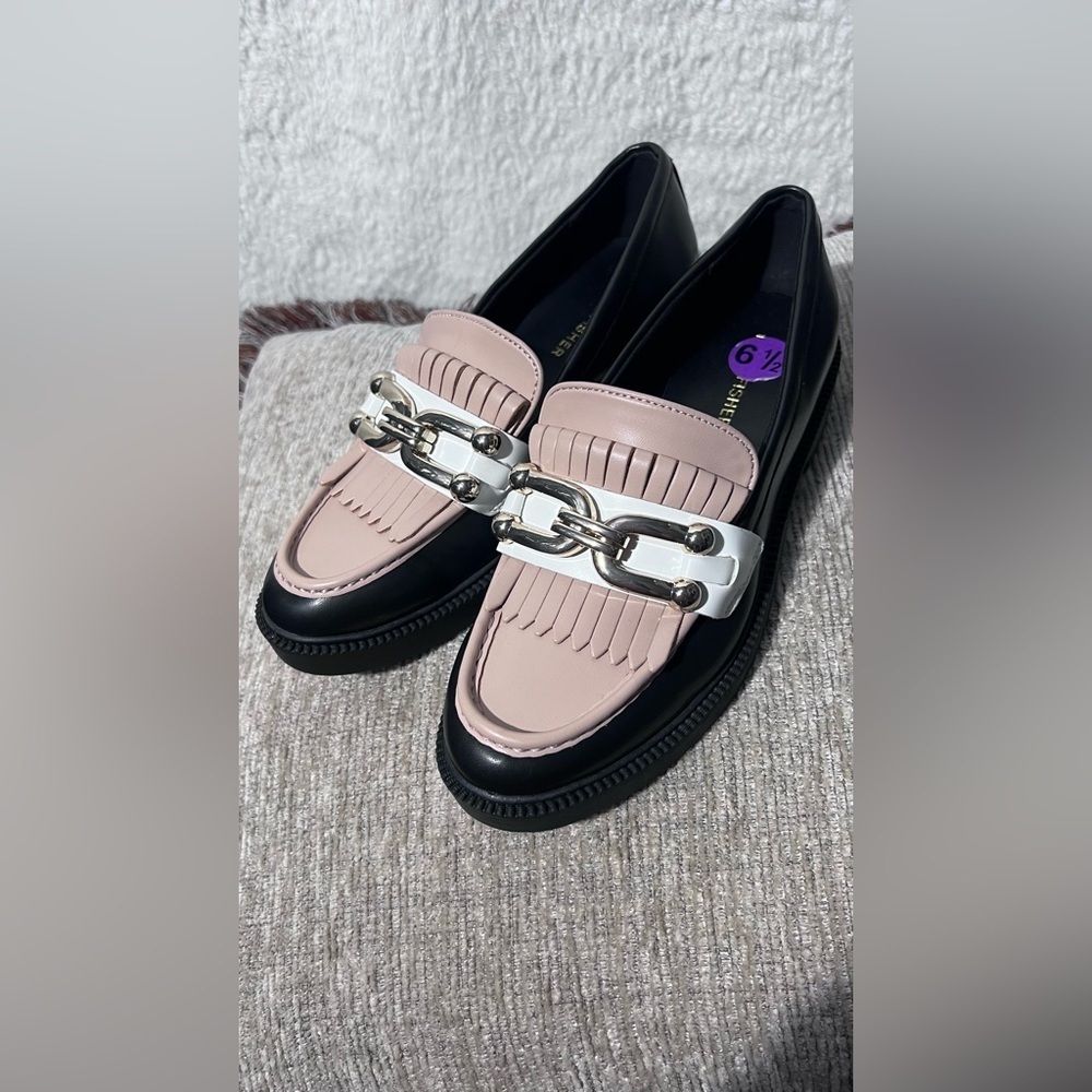 Marc Fisher Black, Cream, and Tan Loafers with Gold Detail - Picture 6 of 7